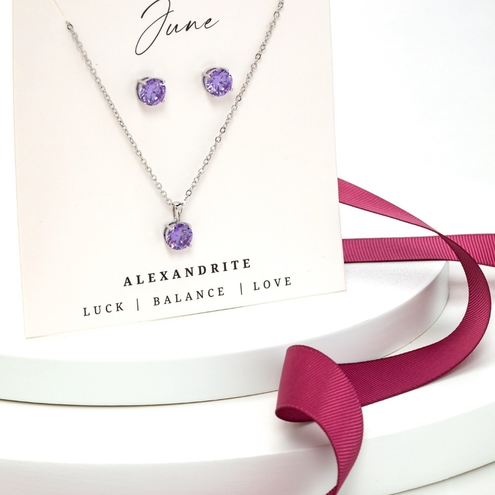 June - CZ Birthstone Stud Earring & Circular Pendant Set